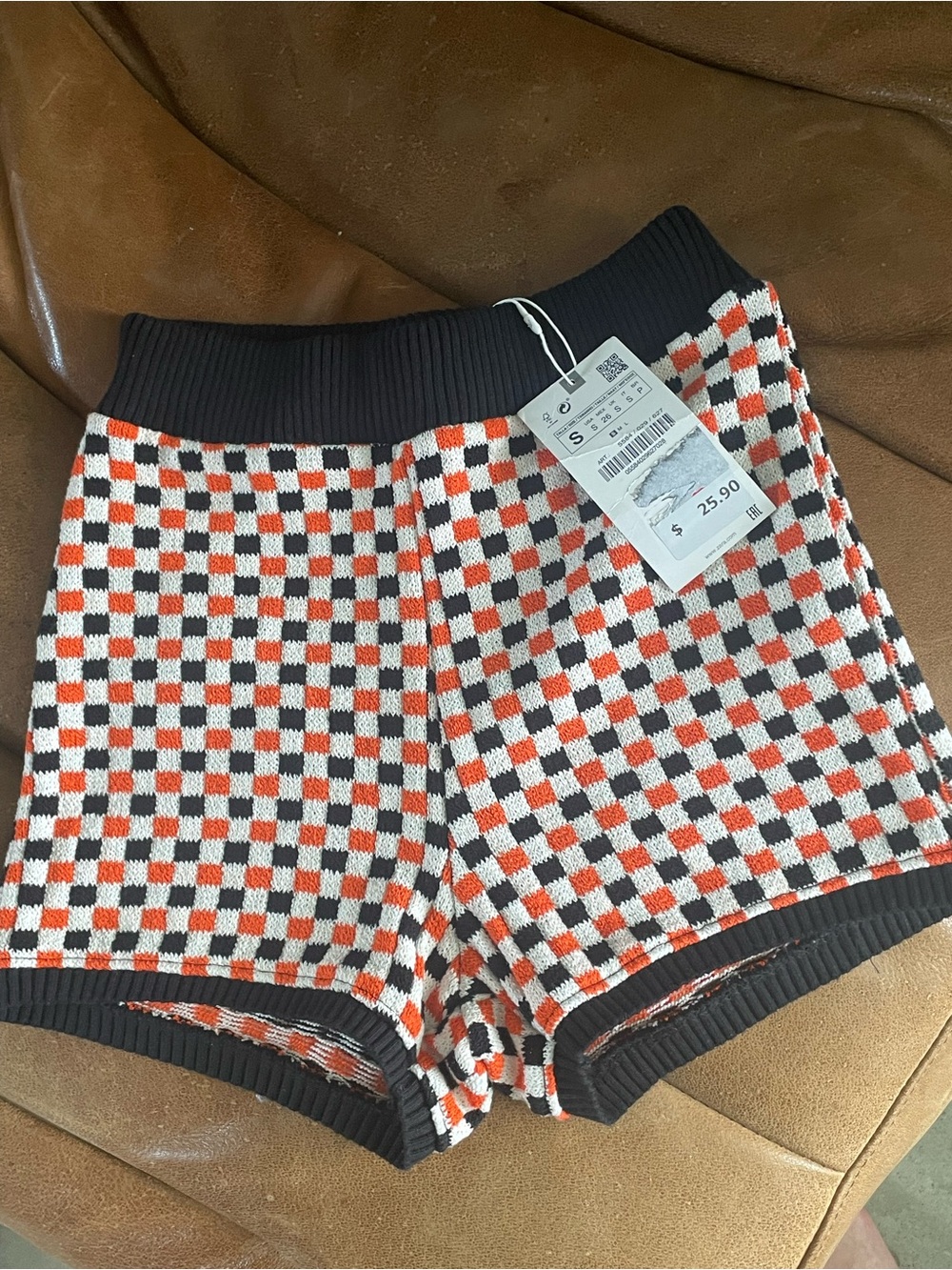 H&M Checker Knit Mini Shorts in Black, White & Orange, small, new with tags